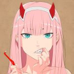  akagi_(fmttps) aqua_eyes commentary darling_in_the_franxx fangs hairband horns long_hair mouth_pull oni_horns pink_hair portrait red_horns solo teeth watermark white_hairband zero_two_(darling_in_the_franxx) 
