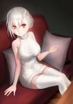  absurdres arm_support asymmetrical_hair couch eyebrows_visible_through_hair girls_frontline hair_between_eyes highres indoors looking_at_viewer meme_attire pillow red_eyes rmb-93_(girls_frontline) short_hair silver_hair sitting smile solo sweater sweater_vest thighhighs virgin_killer_sweater white_legwear white_sweater xxiner zettai_ryouiki 