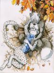  2018 anthro blue_eyes canine cheetah clothed clothing digital_media_(artwork) digitigrade duo feline fox hair head_on_lap hibbary lying male mammal nude on_lap sitting smile traditional_media_(artwork) tree white_hair 