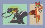  2017 3_toes anthro black_nose brown_hair bulge canine clothed clothing costume digital_drawing_(artwork) digital_media_(artwork) drone duo fox fur gas_mask goo_transformation hair hi_res hypnosis kneeling liquid_latex male mammal mask mind_control multicolored_fur open_mouth orange_fur poiuytrew rubber sex_toy shiny simple_background skunk spiral spiral_eyes standing stripes toes transformation visor 