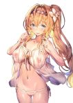 babydoll bangs bare_shoulders blonde_hair blue_eyes blush breasts commentary diadem eyebrows_visible_through_hair flower granblue_fantasy hair_flower hair_ornament hips jeanne_d'arc_(granblue_fantasy) large_breasts long_hair looking_at_viewer navel nipples open_mouth ponytail pussy redcomet revealing_clothes see-through simple_background smile solo white_background 