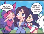  ahri animal_ears black_hair blush chibi comic dream-vessel english facial_mark feathers fox_ears fox_girl hair_over_one_eye hood kai'sa league_of_legends multiple_girls purple_hair red_hair speech_bubble symbol-shaped_pupils whisker_markings xayah 