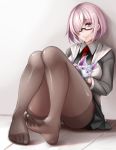  black_legwear breasts commentary_request dorsiflexion dydydyok fate/grand_order fate_(series) feet fou_(fate/grand_order) legs mash_kyrielight medium_breasts panties panties_under_pantyhose pantyhose pink_eyes pink_hair school_uniform short_hair sitting smile soles solo underwear 