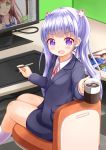  :d bangs black_jacket black_skirt blush chair coffee coffee_mug collared_shirt commentary_request company_connection cup drawing_tablet eyebrows_visible_through_hair gochuumon_wa_usagi_desu_ka? highres holding holding_cup holding_stylus indoors jacket long_hair looking_at_viewer manga_time_kirara mug new_game! on_chair open_mouth purple_eyes purple_hair shirt sitting skirt smile socks solo stylus suzukaze_aoba tablet twintails ujimatsu_chiya very_long_hair white_legwear white_shirt zenon_(for_achieve) 