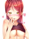  areolae black_shirt blush breasts eyebrows_visible_through_hair finger_licking finger_to_mouth hachinatsu hair_between_eyes heart heart_hands highres licking long_hair looking_at_viewer love_live! love_live!_sunshine!! medium_breasts red_hair sakurauchi_riko shirt shirt_lift simple_background sleeveless sleeveless_shirt solo tongue tongue_out upper_body white_background yellow_eyes 