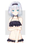  arm_grab bangs bare_arms bare_shoulders bikini black_bikini black_hairband blinker_aruji blue_eyes blush closed_mouth collarbone commentary_request eyebrows_visible_through_hair grey_background groin hair_between_eyes hair_ornament hairband looking_away looking_to_the_side navel ryuuou_no_oshigoto! silver_hair snowflake_hair_ornament solo sora_ginko swimsuit two-tone_background v-shaped_eyebrows white_background 