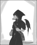  avian bag bird book clothing corvid crow hood keebles kobold male red_eyes robe scalie simple_background 