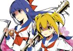  :3 baseball_bat blonde_hair blue_hair blue_sailor_collar bow chain commentary_request hair_bow hair_ornament hair_scrunchie hario_4 holding holding_weapon long_hair multiple_girls nail nail_bat neckerchief pipimi poptepipic popuko red_bow red_neckwear sailor_collar school_uniform scrunchie serafuku shaded_face sickle twintails weapon yellow_eyes yellow_scrunchie 