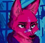  2018 anthro bate_(artist) blade_runner blade_runner_2049 blood blood_from_nose canine clothed clothing crossover disney fox green_eyes k_(blade_runner) male mammal nick_wilde nosebleed solo zootopia 