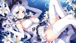  air_bubble anchor azur_lane bangs bare_shoulders blue_eyes blush breasts bubble cleavage commentary detached_collar dress elbow_gloves eyebrows_visible_through_hair flower garter_straps gloves hat illustrious_(azur_lane) large_breasts lily_(flower) long_hair looking_at_viewer lying mole mole_under_eye nardack on_back parted_lips short_dress simple_background solo strapless strapless_dress thighhighs underwater very_long_hair white_dress white_gloves white_hair white_legwear zettai_ryouiki 