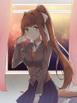  adjusting_hair backlighting bangs blazer blue_skirt blush bow breasts brown_hair closed_mouth collared_shirt cowboy_shot curtains desk doki_doki_literature_club eyebrows_visible_through_hair green_eyes grey_jacket hair_bow hair_intakes hand_up high_ponytail indoors jacket long_hair long_sleeves looking_at_viewer medium_breasts miniskirt monika_(doki_doki_literature_club) neck_ribbon night orange_sweater pleated_skirt ponytail red_neckwear ribbon school school_desk school_uniform shirt sidelocks skirt sky smile solo star_(sky) starry_sky sweater tareme tiny_(tini3030) very_long_hair white_bow white_shirt window wing_collar 