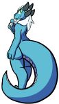  2018 aliasing anthro butt dragon female hair horn long_hair looking_at_viewer looking_back nude pose scalie smile solo standing teal_eyes thick_tail trout_(artist) white_hair 