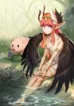  1girl animal circe_(fate/grand_order) fate/grand_order fate_(series) feathers looking_at_viewer outdoors pig pointy_ears pond staff water wings 