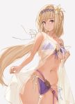  bad_proportions bare_shoulders bikini blonde_hair blue_eyes breasts collarbone commentary_request flower granblue_fantasy grey_background groin hair_flower hair_ornament hana_mori highres jeanne_d'arc_(granblue_fantasy) long_hair looking_at_viewer medium_breasts mouth_hold navel purple_bikini side-tie_bikini simple_background solo standing swimsuit 