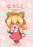  1girl blonde_hair blush capcom character_name chibi green_eyes hair_between_eyes heart long_hair open_mouth patterned_background pink_background ponytail rairai00 rockman rockman_(classic) rockman_8 roll sidelocks smile solo 