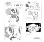  &lt;3 2018 anthro badger bluedouble buckteeth canine clothed clothing comic dialogue disney duo_focus english_text fan_character fox greyscale group hare lagomorph lipstick makeup mammal monochrome mustelid simple_background speech_bubble sweat teeth text white_background zootopia 