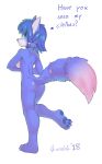  2018 absurd_res blue_eyes blue_fur blue_hair blush breasts butt canine covering covering_breasts covering_self crombie dipstick_tail english_text female fluffy fluffy_tail fox fur hair hi_res krystal looking_back mammal multicolored_tail nintendo nude pawpads paws rear_view short_hair side_boob signature simple_background solo star_fox text video_games white_background 