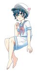  absurdres alternate_costume barefoot black_hair blue_eyes blush contemporary feathers hat highres initsukkii kaban_(kemono_friends) kemono_friends neckerchief sailor sailor_hat short_hair short_sleeves shorts solo 