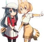  :d adapted_costume alternate_hair_length alternate_hairstyle animal_ears backpack bag belt between_breasts black_gloves black_legwear blonde_hair blue_eyes blue_hair breasts cowboy_shot elbow_gloves extra_ears gloves hair_between_eyes hair_ribbon hat hat_feather highres holding_hands kaban_(kemono_friends) kemono_friends long_hair low-tied_long_hair medium_breasts multiple_girls necktie necktie_between_breasts open_mouth pantyhose pleated_skirt pointing print_gloves print_legwear print_neckwear print_ribbon red_shirt ribbon serval_(kemono_friends) serval_ears serval_print serval_tail shirt short_hair short_sleeves shorts simple_background skirt smile tail thighhighs very_long_hair white_background white_hat white_shirt white_skirt yellow_eyes yellow_shorts yutsu 