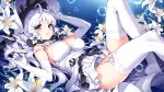  air_bubble anchor azur_lane bangs bare_shoulders blue_eyes blush breasts bubble cleavage commentary_request detached_collar dress elbow_gloves eyebrows_visible_through_hair flower garter_straps gloves hat illustrious_(azur_lane) large_breasts lily_(flower) long_hair looking_at_viewer lying mole mole_under_eye nardack on_back parted_lips short_dress simple_background solo strapless strapless_dress thighhighs underwater very_long_hair white_dress white_gloves white_hair white_legwear zettai_ryouiki 