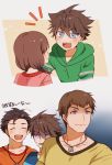  2koma 4boys akuno_hideo akuno_hideo's_brother amane_(idolmaster) black_hair blue_eyes blue_shirt brown_hair closed_eyes comic commentary_request dog_tags empty_eyes faceless faceless_female frame_(idolmaster) idolmaster idolmaster_side-m imas_gurumi kimura_ryuu multiple_boys orange_shirt purple_eyes shaded_face sharp_teeth shingen_seiji shirt short_hair short_twintails sweat sweating_profusely teeth turn_pale twintails yellow_shirt 