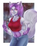  5_fingers anthro breasts canine digital_media_(artwork) eyebrows feline female hair hybrid kazibug looking_at_viewer mammal midriff navel purple_eyebrows purple_hair red_eyes smile 