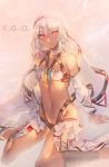 aguy altera_(fate) bare_shoulders bikini black_bikini_bottom blush breasts choker collarbone commentary_request copyright_name dark_skin detached_sleeves earmuffs fate/extella fate/extra fate/grand_order fate_(series) forehead_protector frills light_smile long_sleeves looking_at_viewer md5_mismatch mismatched_bikini navel parted_lips pink_background purple_eyes red_eyes shin_guards shoes short_hair silver_hair sitting small_breasts solo sparkle stomach swimsuit veil wariza white_bikini_top white_choker white_footwear white_hair 
