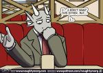  anthro clothed clothing comic dialogue digital_media_(artwork) dragon english_text fin head_fin horn male naughtymorg necktie restaurant sad sitting suit text 