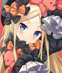 :&lt; abigail_williams_(fate/grand_order) arm_up bangs black_bow black_dress black_hat blonde_hair blue_eyes blush bow closed_mouth dress eyebrows_visible_through_hair fate/grand_order fate_(series) forehead hat head_tilt hitsukuya long_hair long_sleeves looking_at_viewer object_hug on_head orange_bow parted_bangs pink_background simple_background sleeves_past_fingers sleeves_past_wrists solo stuffed_animal stuffed_toy teddy_bear 