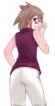 ass bad_id bad_pixiv_id bangs brown_eyes brown_hair cowboy_shot debutya_aki extra from_behind glasses halterneck looking_at_viewer looking_back money_gesture pants pantylines parted_lips pince-nez purple_shirt saki shirt short_hair simple_background sleeveless sleeveless_shirt solo standing white_background white_pants 