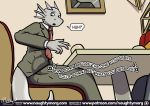  anthro clothed clothing comic digital_media_(artwork) dragon english_text fin head_fin horn male naughtymorg necktie restaurant ringtone sitting suit text 