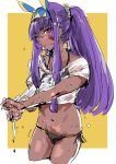  animal_ears bangs bikini black_bikini blunt_bangs blush dark_skin earrings fate/grand_order fate_(series) highres jackal_ears jewelry long_hair looking_at_viewer navel nitocris_(fate/grand_order) nitocris_(swimsuit_assassin)_(fate) osakana_(denpa_yun'yun) ponytail shirt sidelocks sketch solo swimsuit wet wet_clothes wet_shirt 