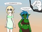  black_sclera blonde_hair blue_eyes blue_hair clothed clothing dialogue dress elf fangs female gnollykins goblin green_skin hair human humanoid loincloth male mammal not_furry shortstack simple_background skimpy sweat yellow_eyes young 