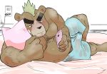  anthro ashigara belly blush boxers_(clothing) clothing cum_through_clothing eyebrows green_hair hair lying male mammal mohawk musclegut on_side phone pillow solo tenting thick_eyebrows tokyo_afterschool_summoners ujishiyo underwear ursine video_games 