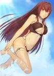  black_swimsuit breasts cleavage commentary_request fate/grand_order fate_(series) highres large_breasts long_hair looking_at_viewer midriff navel purple_hair red_eyes scathach_(fate)_(all) scathach_(fate/grand_order) smile solo strapless strapless_swimsuit sugita_(merinib) swimsuit underboob underboob_cutout 