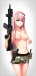  aqua_eyes belt breasts camouflage camouflage_shorts collarbone commentary cowfee darling_in_the_franxx eyebrows_visible_through_hair gun hair_over_breasts hairband handgun highres holding holding_weapon horns knife long_hair medium_breasts navel nipples pink_hair pistol rifle sheath shorts smile solo straight_hair topless watermark weapon white_hairband zero_two_(darling_in_the_franxx) 