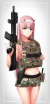  ammunition_pouch aqua_eyes ar-15 belt breasts bulletproof_vest camouflage camouflage_shorts collarbone commentary cowfee darling_in_the_franxx eyebrows_visible_through_hair gun hair_over_breasts hairband handgun highres holding holding_weapon horns knife long_hair medium_breasts navel pink_hair pistol pouch rifle sheath shorts sideboob smile solo straight_hair trigger_discipline watermark weapon white_hairband zero_two_(darling_in_the_franxx) 