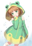  animal_costume antenna_hair blush brown_hair cardcaptor_sakura cloak covering_mouth detached_sleeves frog_costume gradient gradient_background green_eyes hair_ornament hairclip hood hooded_cloak kinomoto_sakura looking_at_viewer short_hair sleeves_past_wrists solo unya_(unya-unya) 