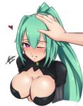  airisubaka blush breasts cleavage green_hair green_heart hand_on_another's_head large_breasts long_hair looking_at_viewer neptune_(series) out_of_frame petting ponytail power_symbol purple_eyes solo_focus symbol-shaped_pupils very_long_hair 