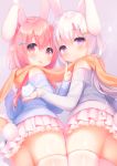 2girls :d animal_ears ass bangs bare_shoulders blue_sweater blush brown_footwear bunny_ears bunny_girl bunny_tail closed_mouth commentary_request eyebrows_visible_through_hair grey_sweater hair_between_eyes hair_ornament hairclip highres index_finger_raised long_hair long_sleeves looking_at_viewer looking_back multiple_girls off-shoulder_sweater open_mouth orange_scarf original pink_skirt pleated_skirt purple_eyes red_eyes red_hair sakura_(usashiro_mani) scarf shared_scarf shoe_soles silver_hair skindentation skirt sleeves_past_wrists smile snow snowflakes standing sweater tail thighhighs usashiro_mani very_long_hair white_legwear 