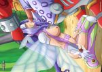  1girl blue_hair boots breasts covered_eyes digihentai digimon digimon_frontier fairy_wings fairymon fellatio gauntlets hetero highres kneeling nipples oral palcomix penis rotated thigh_boots thighhighs uncensored wings 