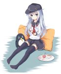  :o anchor_symbol bangs bird black_hat black_legwear black_sailor_collar black_skirt blue_eyes blush commentary_request cup eyebrows_visible_through_hair failure_penguin fingernails flat_cap food fukiaki hair_between_eyes hat hibiki_(kantai_collection) highres holding holding_food kantai_collection long_hair long_sleeves no_shoes parted_lips penguin pillow pleated_skirt pocky sailor_collar saucer school_uniform serafuku shirt silver_hair skirt solo stuffed_animal stuffed_penguin stuffed_toy thighhighs tray very_long_hair white_background white_shirt 