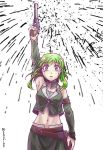  arm_up armpits artist_name bare_shoulders belt braid collarbone crop_top crying crying_with_eyes_open detached_collar detached_sleeves evillious_nendaiki fireworks green_eyes green_hair gumi gun handgun holding holding_gun holding_weapon holster master_of_the_heavenly_yard_(vocaloid) midriff navel nemesis_sudou revolver rooomi saigo_no_revolver_(vocaloid) short_hair side_braid sleeveless_jacket solo tears twitter_username vocaloid weapon white_background 