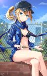  :3 ahoge artoria_pendragon_(all) bangs baseball_cap bikini_top black_hat blonde_hair blue_eyes blue_jacket blue_scarf blurry blush bokeh breasts cloud commentary_request crossed_legs day depth_of_field excalibur fate/grand_order fate_(series) flower front-tie_top hair_between_eyes hair_through_headwear hat holding holding_sword holding_weapon jacket looking_to_the_side medium_breasts mysterious_heroine_x navel open_clothes outdoors ponytail rin_yuu saber scarf sidelocks sitting sky solo sword track_jacket weapon 