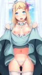 blonde_hair blue_dress blue_eyes blush breasts circlet commentary_request crown daiaru detached_collar dress dress_lift flower hair_flower hair_ornament highres jewelry lifted_by_self long_hair medium_breasts mini_crown navel necklace nipples no_bra open_mouth overlord_(maruyama) panties pantyhose pantyhose_pull renner_theiere_chardelon_ryle_vaiself solo standing underwear white_legwear white_panties window 