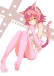  absurdres apron bare_shoulders bow elbow_gloves eyebrows_visible_through_hair feet gloves hand_to_own_mouth highres kemono_friends panther_ears panther_tail panties pantyhose pantyshot peach_panther_(kemono_friends) pikunoma pink_hair pink_legwear short_hair smile solo tail tail_bow underwear 