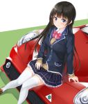  alfa_romeo bangs black_hair blue_eyes blush bow bowtie breasts car commentary_request ground_vehicle hair_ornament hairclip highres long_hair looking_at_viewer medium_breasts motor_vehicle namesake nijisanji on_vehicle school_uniform sitting solo thighhighs tsukino_mito unasaka_ryou virtual_youtuber white_legwear zettai_ryouiki 