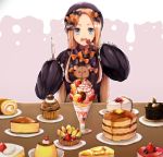  abigail_williams_(fate/grand_order) bangs black_bow black_dress black_hat blonde_hair blue_eyes blueberry bow cake cheesecake cherry commentary_request dress eyebrows_visible_through_hair fate/grand_order fate_(series) food forehead fork fruit hair_bow hat holding holding_fork holding_knife knife long_hair long_sleeves looking_at_viewer open_mouth orange_bow pancake parfait parted_bangs plate polka_dot polka_dot_bow pudding sitting sleeves_past_fingers sleeves_past_wrists slice_of_cake solo stack_of_pancakes strawberry stuffed_animal stuffed_toy table teddy_bear upper_teeth very_long_hair whipped_cream woumu 