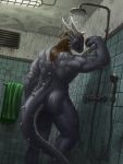  2018 anthro biceps brown_hair butt dragon hair inside invalid_tag long_hair male muscular muscular_male nude pose rear_view shower slash_freezen solo standing water wet 