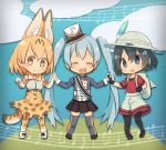  :d ^_^ backpack bag black_hair black_legwear black_skirt blonde_hair blue_eyes blue_hair bow bowtie chibi closed_eyes crossover doremifa_rondo_(vocaloid) extra_ears hair_between_eyes hat hat_feather hatsune_miku high-waist_skirt highres holding_hands kaban_(kemono_friends) kemono_friends long_hair looking_at_viewer mini_hat mini_top_hat multiple_girls musical_note open_mouth pantyhose pantyhose_under_shorts pleated_skirt print_bow print_legwear print_neckwear print_skirt red_shirt serval_(kemono_friends) serval_print serval_tail shirt short_hair shorts skirt smile tail thighhighs top_hat twintails very_long_hair vocaloid white_hat yellow_eyes yutsu 